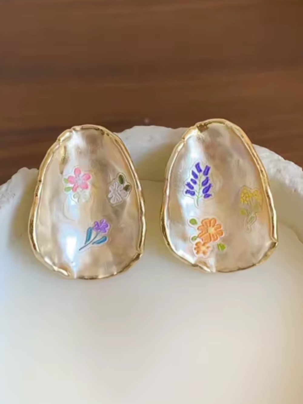 Hand-Painted Floral Mother-of-Pearl Gold Edge Earrings - Picture 1 of 10